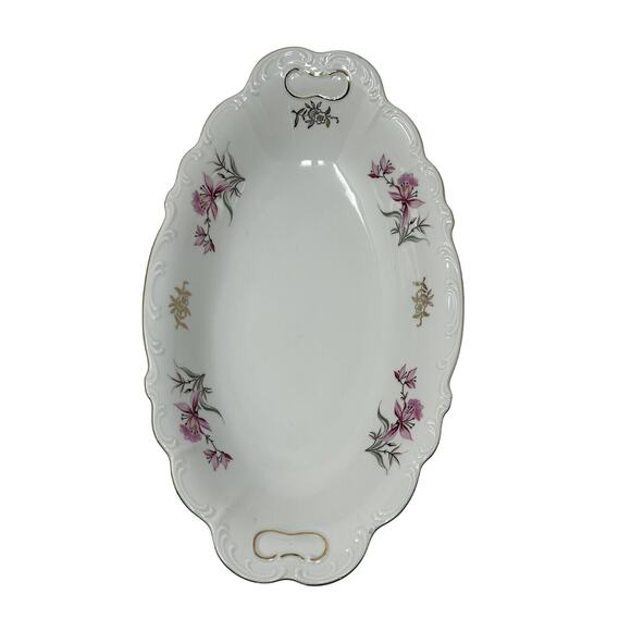 Fine Bohemian China Oval Serving Bowl 13" Long Pink Lily Gold Czechoslovakia Vtg - Picture 2 of 7